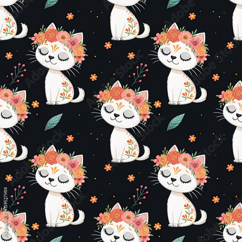 seamless watercolor pattern cat concept on black background