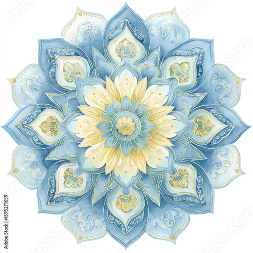 A single watercolor peaceful Mandala style meditation design in pale blue and yellow