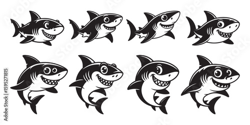 Shark vector silhouette set, Cartoon shark silhouette, Cute baby shark, Shark drawing silhouette