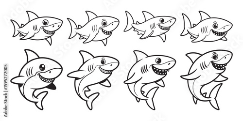 Shark vector silhouette set, Shark line art silhouette, Cute cartoon baby shark, Shark drawing vector