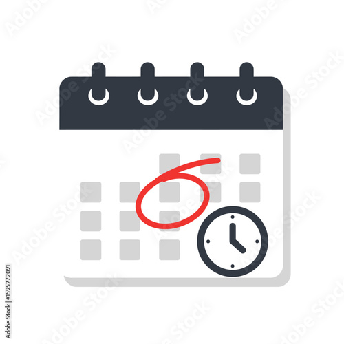 A flat design illustration of a calendar with a circled date and a clock, representing time management, scheduling, and important appointments or deadlines.
