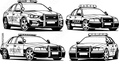 Collection of Police Patrol Cars in Vector Line Art