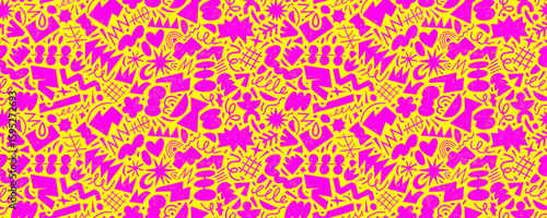 Bright colored seamless pattern with funky geometric shapes. Crayon drawn naive forms and figures. Neon pink colored funky shapes on yellow background. Kid geometric figures wrapping paper.