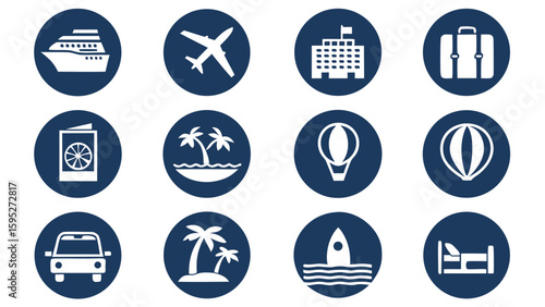 Collection of travel and vacation icons in oval shapes on a blue background