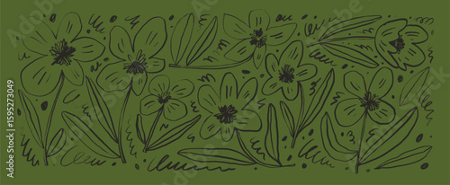 Cute crayon drawn naive flowers on green background. Funky chrysanthemums, chamomiles or daisies. Banner design with hand drawn whimsical doodle flowers. Childlike drawing meadow plants