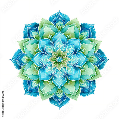 A single watercolor calm Mandala style tranquil symbol in light blue and green