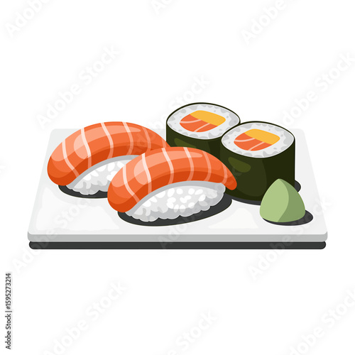 Delicious salmon nigiri and maki rolls with wasabi on a white plate