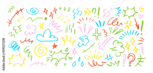 Set of colorful emotion effect and movement icons. Crayon drawn doodle emotion lines, decorative emphasis elements. Hand drawn vector ink illustration. Doodle expression signs and symbols.