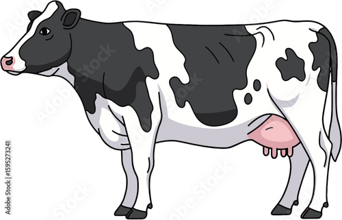 Detailed Vector Illustration of a Black and White Holstein Cow in Profile View for Agricultural Them