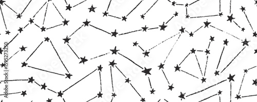 Celestial seamless pattern with hand drawn constellations and stars. Crayon drawn abstract constellations background. Doodle starry elements, starry and dots silhouettes. Vector graphic wallpaper.