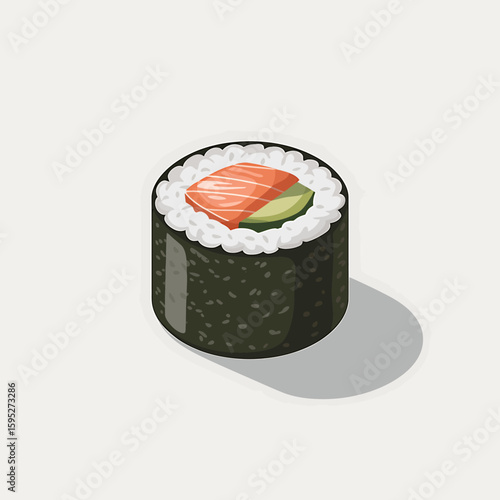 Single piece of salmon and cucumber sushi roll