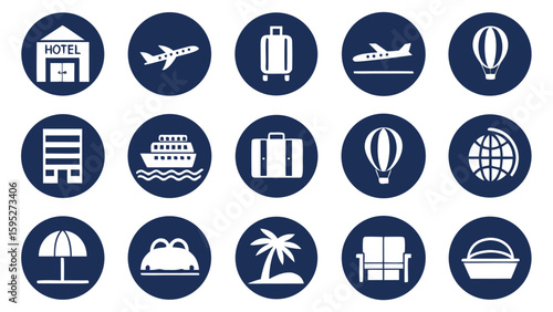 Collection of travel and vacation icons on a blue background