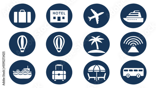 Collection of travel and vacation icons in dark blue circles