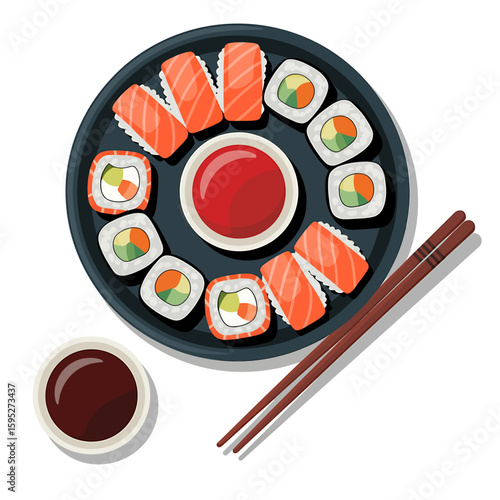 Delicious sushi platter with salmon and rolls