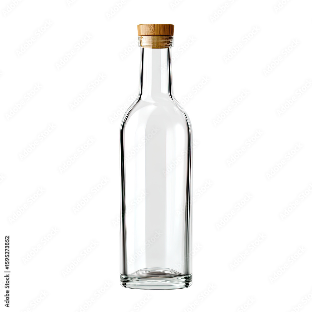 Empty clear glass bottle with light brown cork stopper Empty clear glass bottle with light brown cork stopper