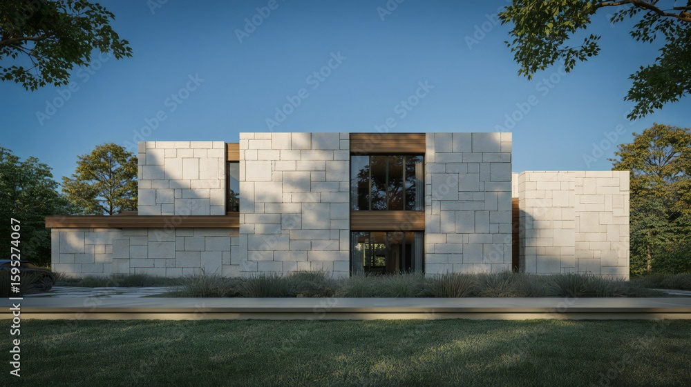 custom made wallpaper toronto digitalStriking Modern Luxury House with Stone and Wood Accents Amidst Lush Green Landscape.