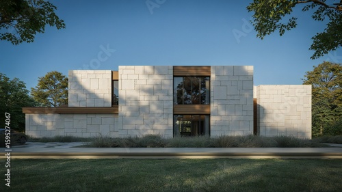 Wallpaper Mural Striking Modern Luxury House with Stone and Wood Accents Amidst Lush Green Landscape. Torontodigital.ca