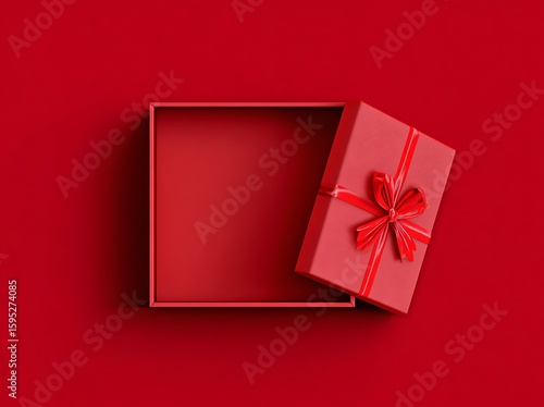 Red open gift box with ribbon bow isolated on a red background