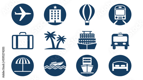 Collection of travel and transportation icons in oval shapes