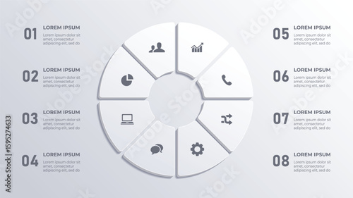 3D White Circular 8 Step Business Timeline Infographic – Clock and Time Management Vector Concept on White Background