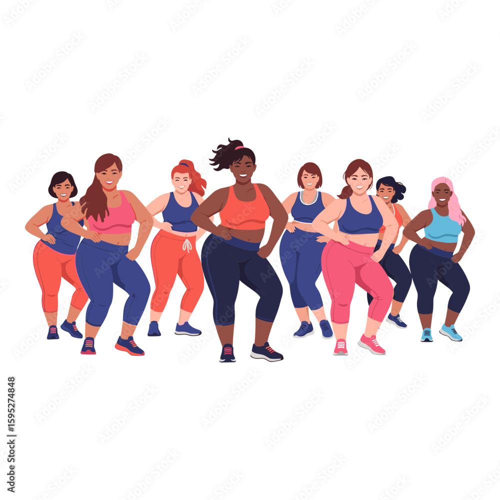 Obraz premium Diverse Plus-Size Women Exercising and Dancing Together