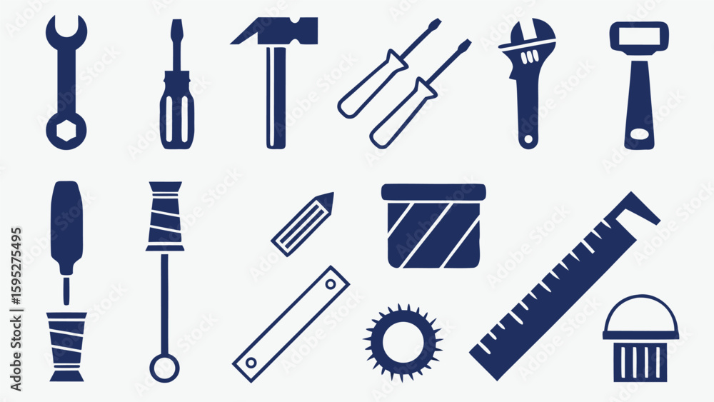 Fototapeta premium Collection of blue silhouette tools on a light background