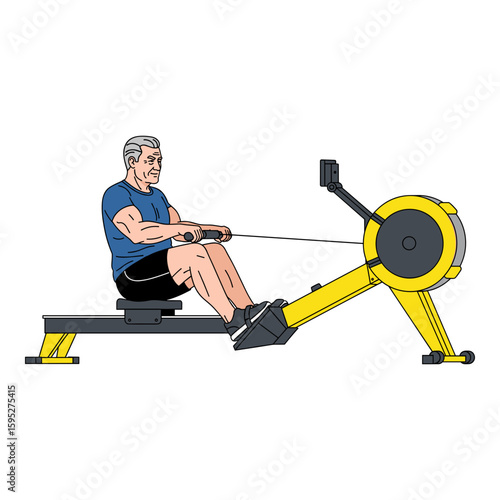 Senior Man Exercising on a Rowing Machine Illustration