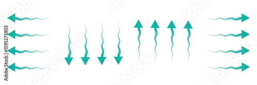 Air flow. Set of blue arrows showing direction of air movement. Wind direction arrows. Blue cold fresh stream from the conditioner. Vector illustration isolated on white background.  EPS 10 .