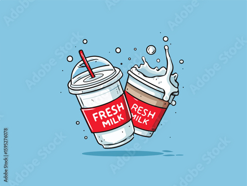 Editable cartoon vector of fresh and healthy milk in bottle and box. Clean and fun drink design perfect for packaging, ads, kids' themes, and healthy food illustrations.