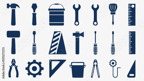 Collection of various blue silhouette tools and equipment on a white background