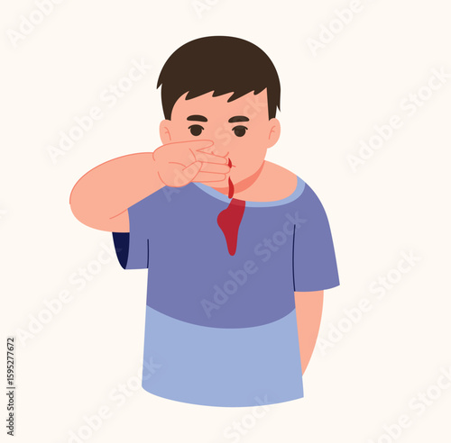 A boy wiping blood off his nose