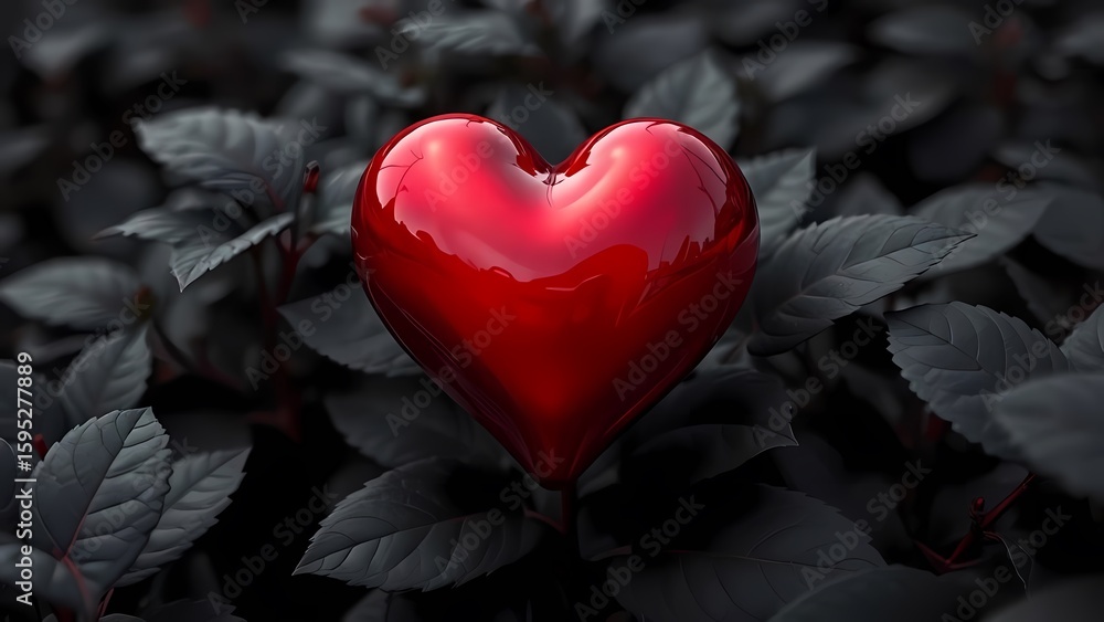 Fototapeta premium A 3d render of red chromatic heart on the desaturated black leaves 