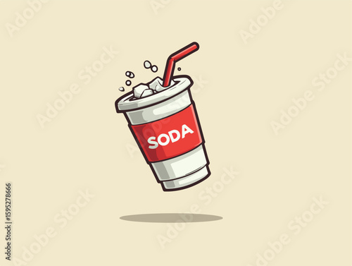 Editable cartoon vector of floating soda cup with splash. Fizzy drink spilling out, symbolizing unhealthy fast food beverage. Fun, dynamic, and eye-catching design