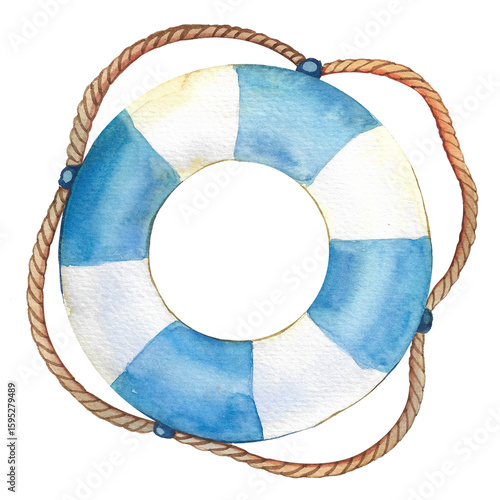 Watercolor illustration of a blue and white lifebuoy with a rope. Minimalistic style, perfect for nautical themes, marine decor or design.