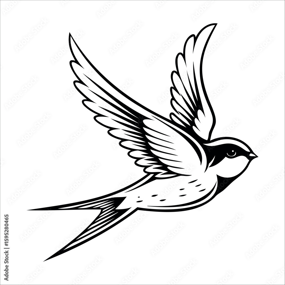 Obraz premium A stylized illustration of a flying swallow bird. The bird has detailed wings and a streamlined body, showcasing its graceful movement in the air.