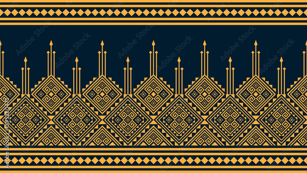 Ethnic pattern. Seamless tribal gold pattern on blue background. Mexican, Aztec and Mayan style. Vector background. Ethnic geometric print wallpaper.