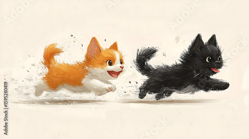 Playful Kittens in Motion A Whimsical Illustration of Two Adorable Kittens Running