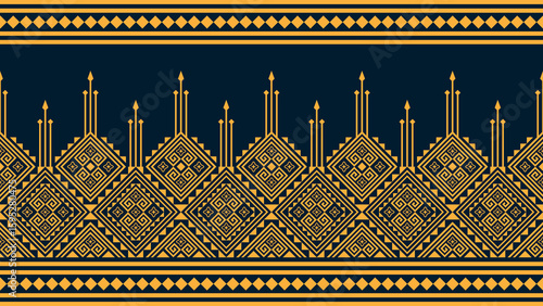 Ethnic pattern. Seamless tribal gold pattern on blue background. Mexican, Aztec and Mayan style. Vector background. Ethnic geometric print wallpaper.
