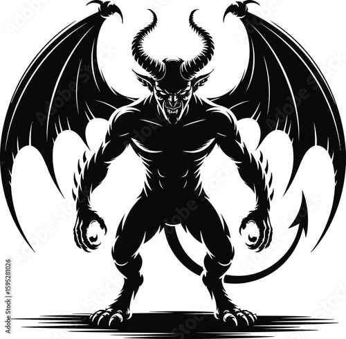 Powerful demon illustration in black and white with horns wings and tail posing