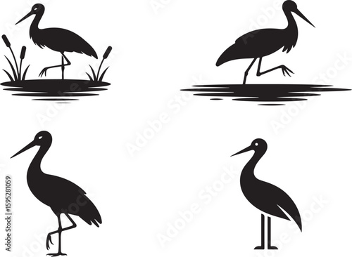 set of stork silhouette vector icon, stork with a fish in mouth, stork silhouette vector icon, vector illustration of stork icon, symbol of standing stork, white stork isolated on white background.