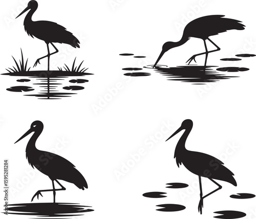 set of stork silhouette vector icon, stork with a fish in mouth, stork silhouette vector icon, vector illustration of stork icon, symbol of standing stork, white stork isolated on white background.