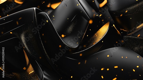 Black and gold abstract design with fluid sweeping shapes and scattered golden specks creates a dynamic elegant scene