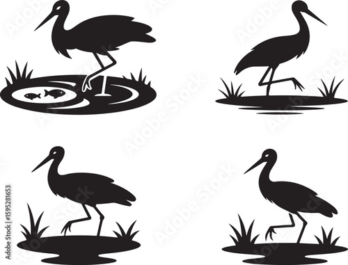 set of stork silhouette vector icon, stork with a fish in mouth, stork silhouette vector icon, vector illustration of stork icon, symbol of standing stork, white stork isolated on white background.