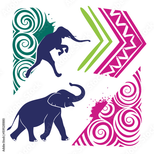 Canvas Print Abstract Elephants with Swirls and Geometric Patterns