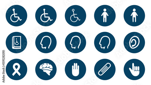 Collection of accessibility and awareness symbols on blue oval backgrounds