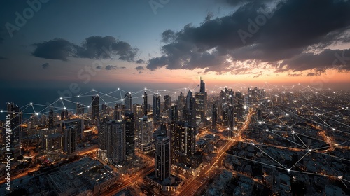 Wide-angle smart city skyline highlights advanced wireless communication networks and ecosystem connectivity, showcasing urban innovation and global tech infrastructure.
