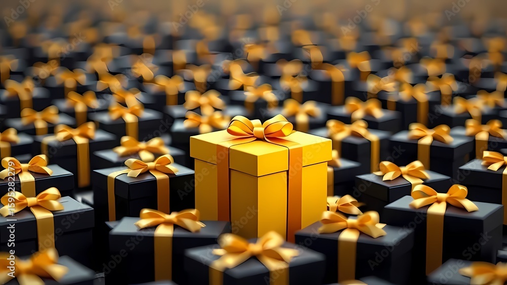 Fototapeta premium A golden gift box with golden ribbon is separated from all the black boxes