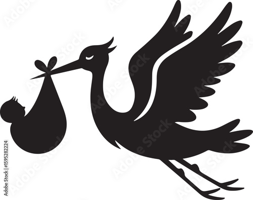 stork silhouette vector icon, vector illustration of stork icon, symbol of standing stork, black and white stork isolated on white background.