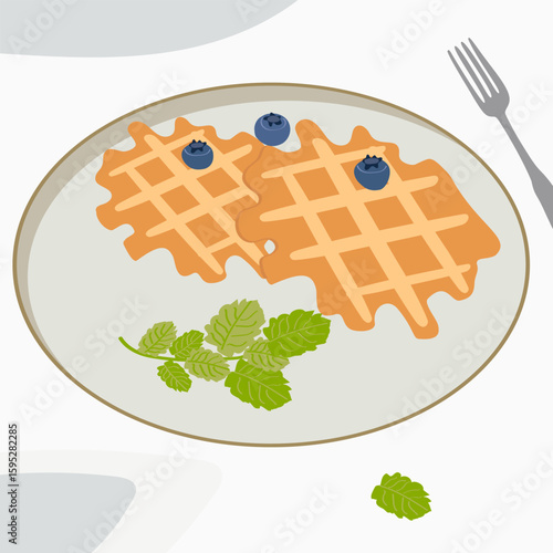 Viennese waffles with blueberries on a plate, simple cartoon drawing. Delicious breakfast for adults and children.