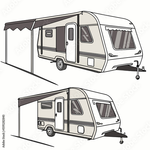 Beige caravan with dark grey awning camper travel
